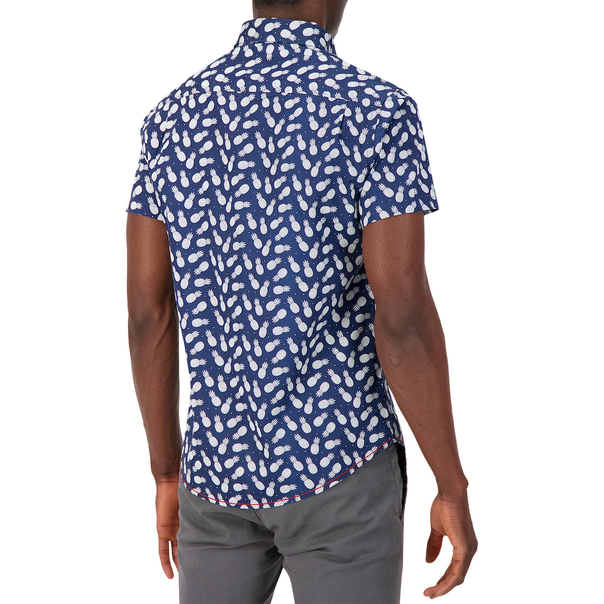 Model Back View of Short Sleeve Shirt with Pineapple Print in Navy