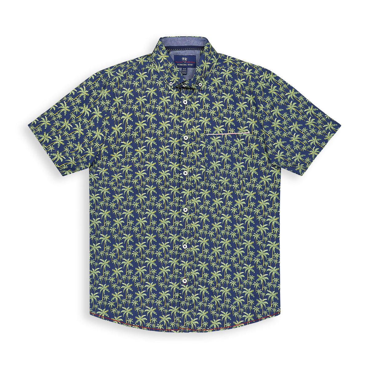 Front View of Short Sleeve Shirt with Palm Tree Print in Navy