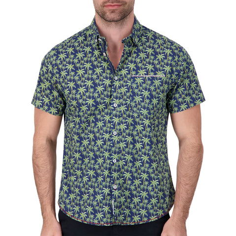 Model Front View of Short Sleeve Shirt with Palm Tree Print in Navy