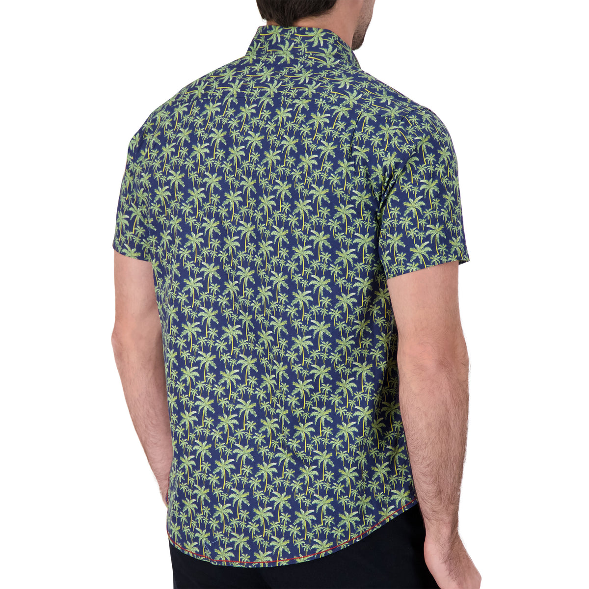 Model Back View of Short Sleeve Shirt with Palm Tree Print in Navy