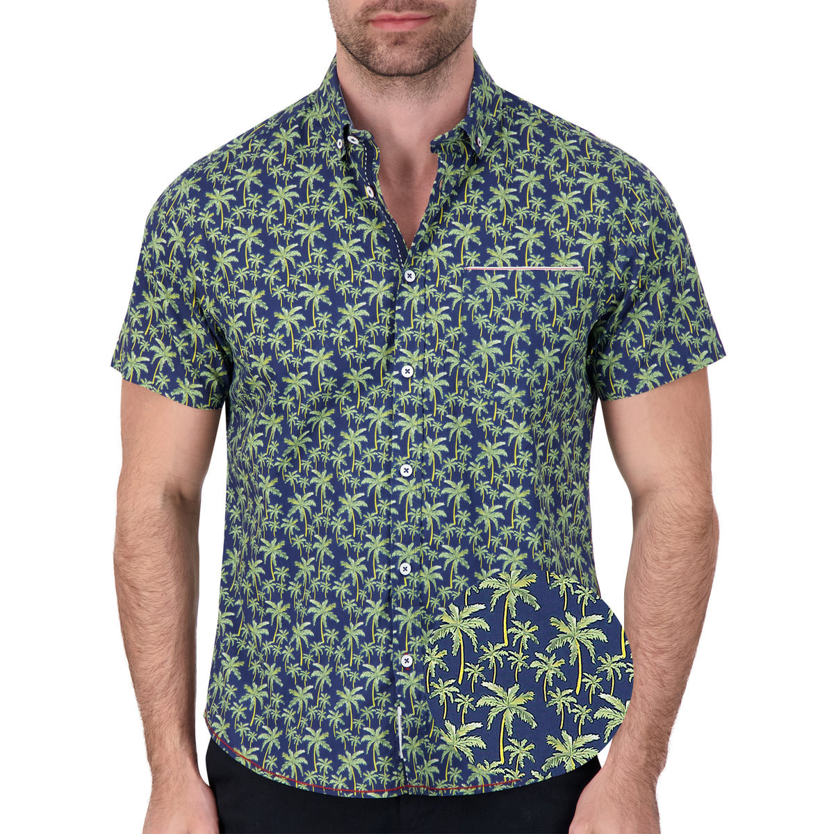 Model Front View of Short Sleeve Shirt with Palm Tree Print in Navy with magnified view of material and print