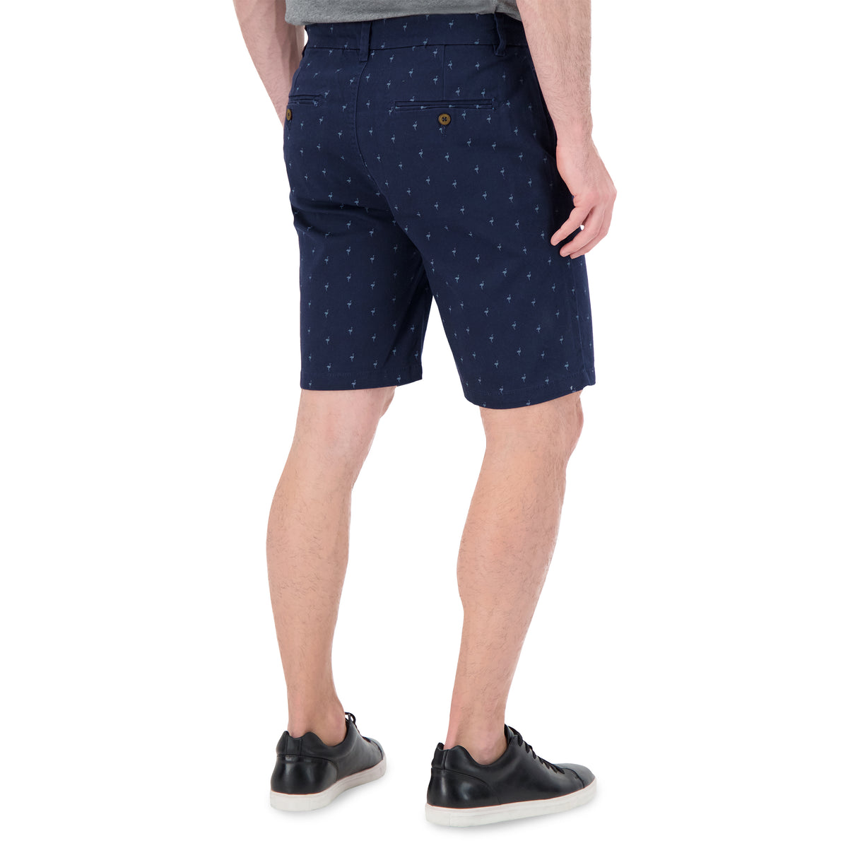 Model Back View of Cotton Stretch Flamingo Print Chino Shorts in Navy