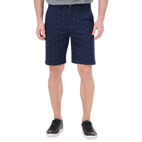 Model Front View of Cotton Stretch Flamingo Print Chino Shorts in Navy