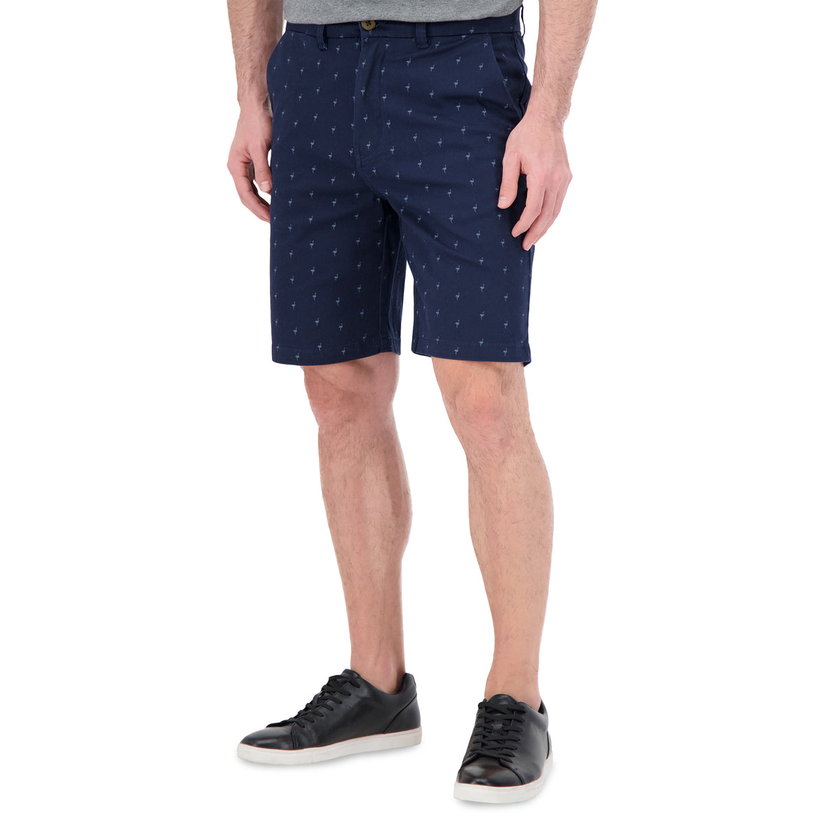 Model Side View of Cotton Stretch Flamingo Print Chino Shorts in Navy