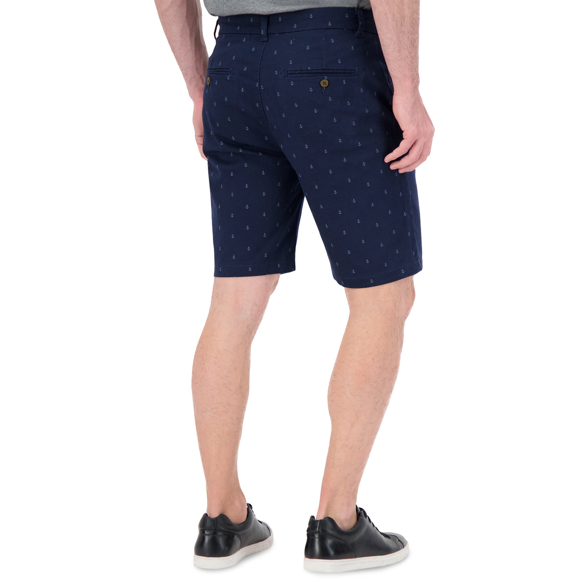 Model Back View of Cotton Stretch Anchor Print Chino Shorts in Navy