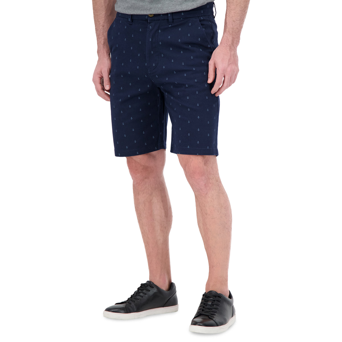 Model Side View of Cotton Stretch Anchor Print Chino Shorts in Navy