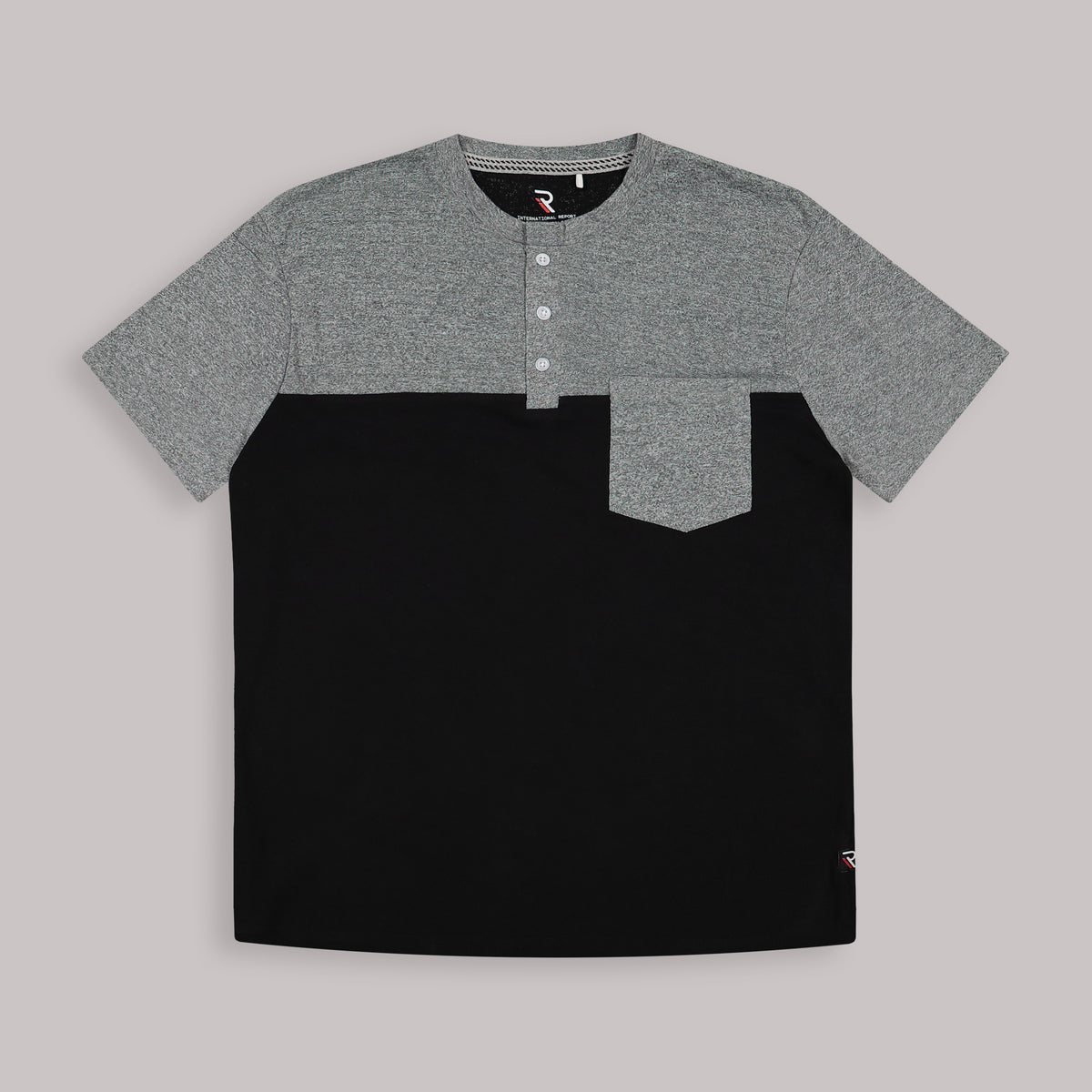 Short Sleeve Cotton/Poly Henley with pocket Grindal Knit in Gray
