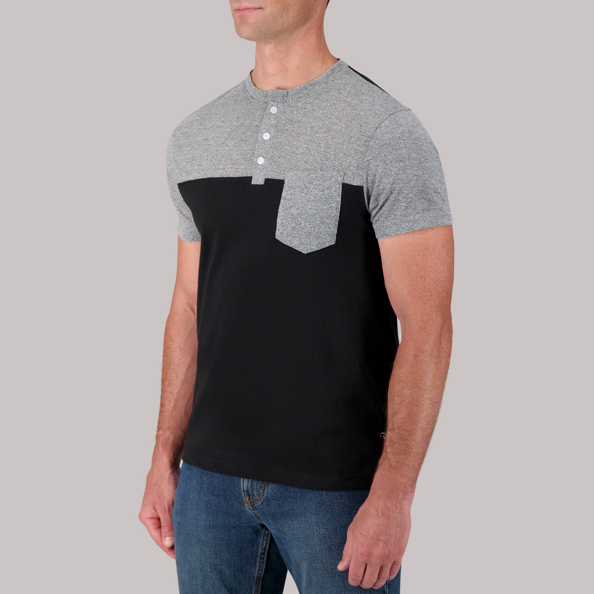 Short Sleeve Cotton/Poly Henley with pocket Grindal Knit in Gray