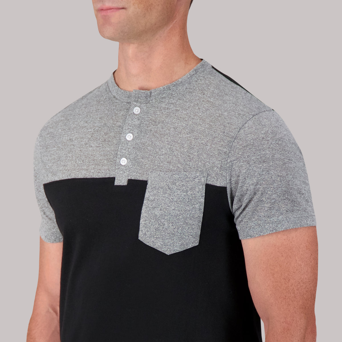 Short Sleeve Cotton/Poly Henley with pocket Grindal Knit in Gray
