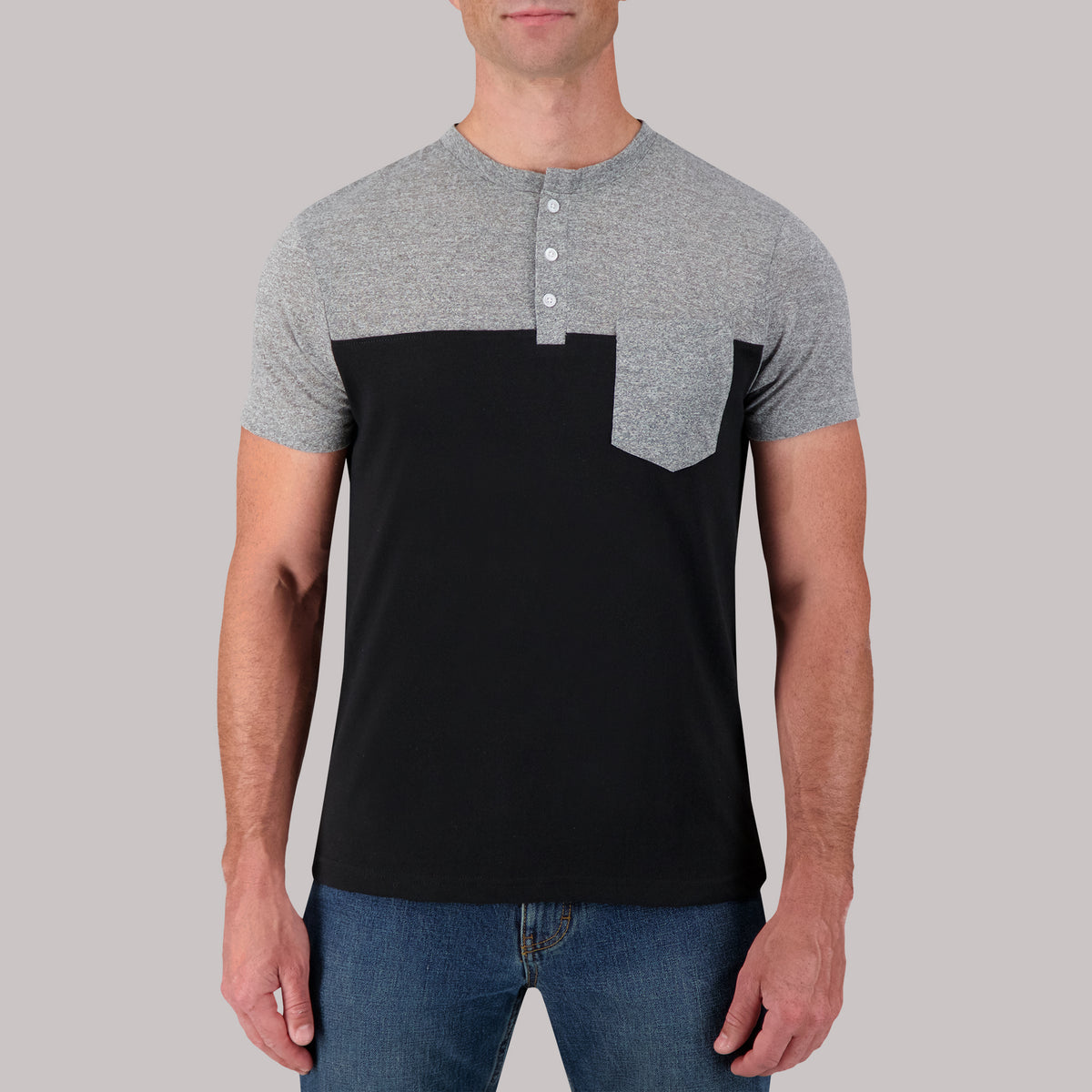 Short Sleeve Cotton/Poly Henley with pocket Grindal Knit in Gray