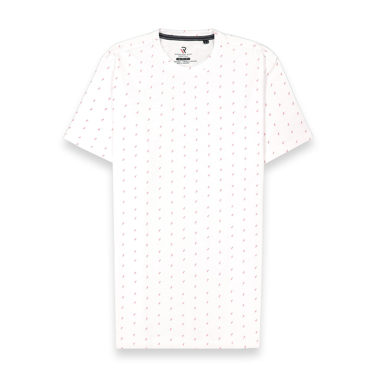 Front View of Short Sleeve Shirt with Flamingo Print in White