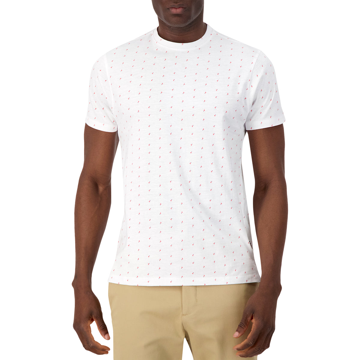Model Front View of Short Sleeve Shirt with Flamingo Print in White