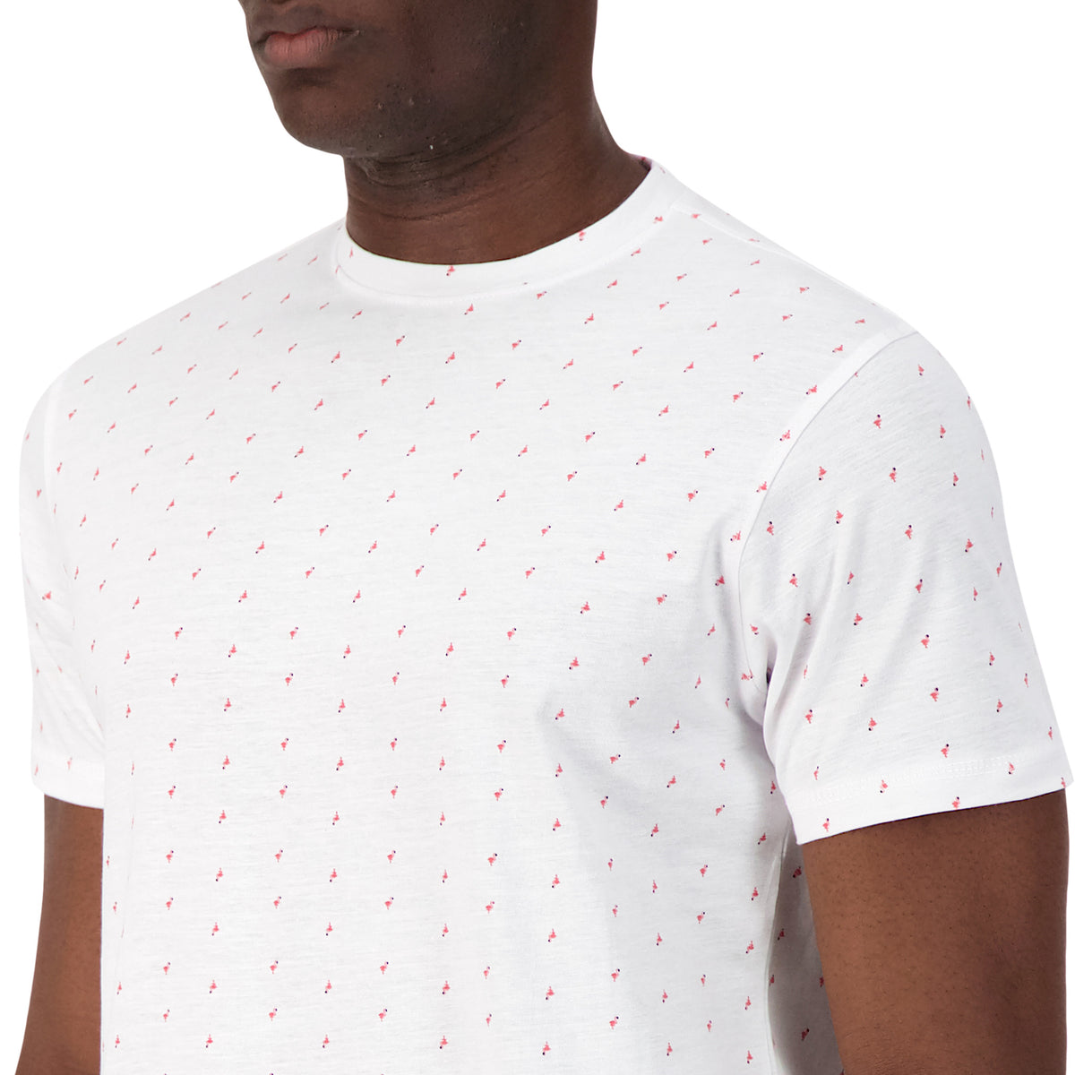 Model Front Close Up View of Short Sleeve Shirt with Flamingo Print in White