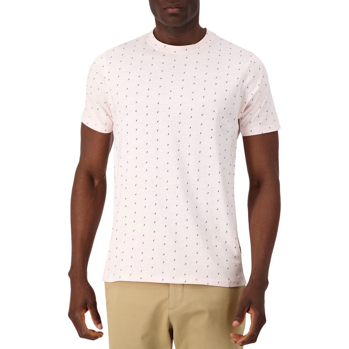 Model Front View of Short Sleeve Shirt with Flamingo Print in Pink