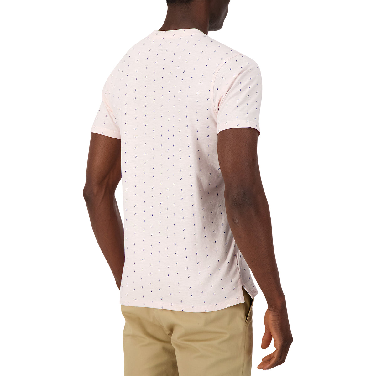 Model Back View of Short Sleeve Shirt with Flamingo Print in Pink