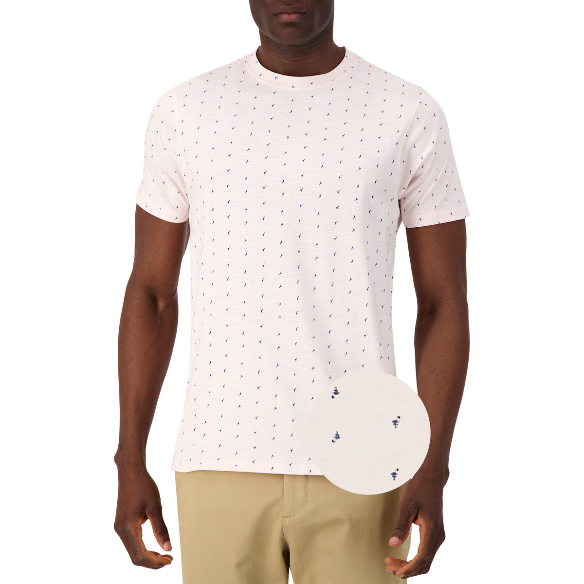Model Front View of Short Sleeve Shirt with Flamingo Print in Pink with magnified view of material and print