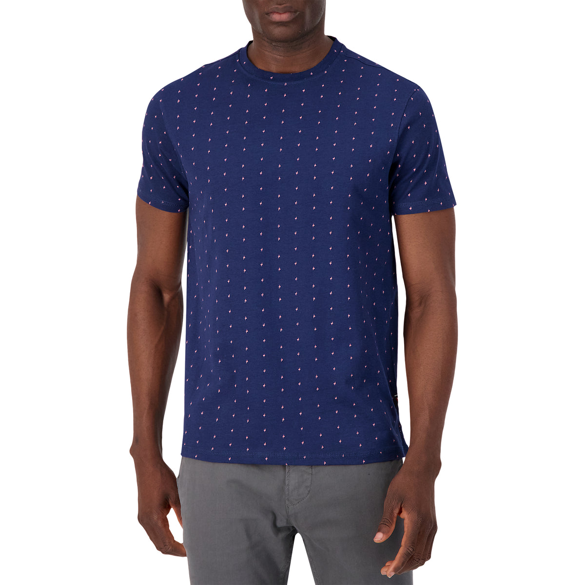 Model Front View of Short Sleeve Shirt with Flamingo Print in Navy