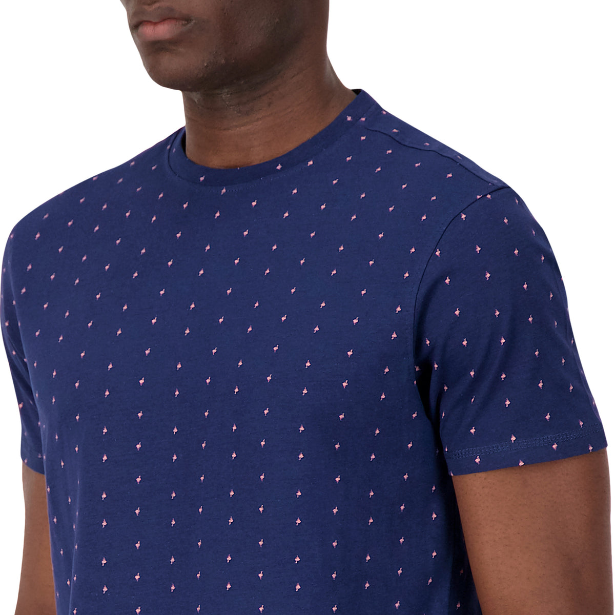 Model Front Close Up View of Short Sleeve Shirt with Flamingo Print in Navy