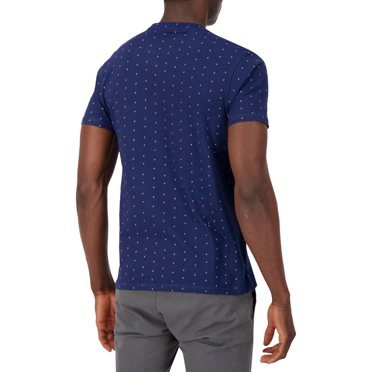 Model Back View of Short Sleeve Shirt with Flamingo Print in Navy