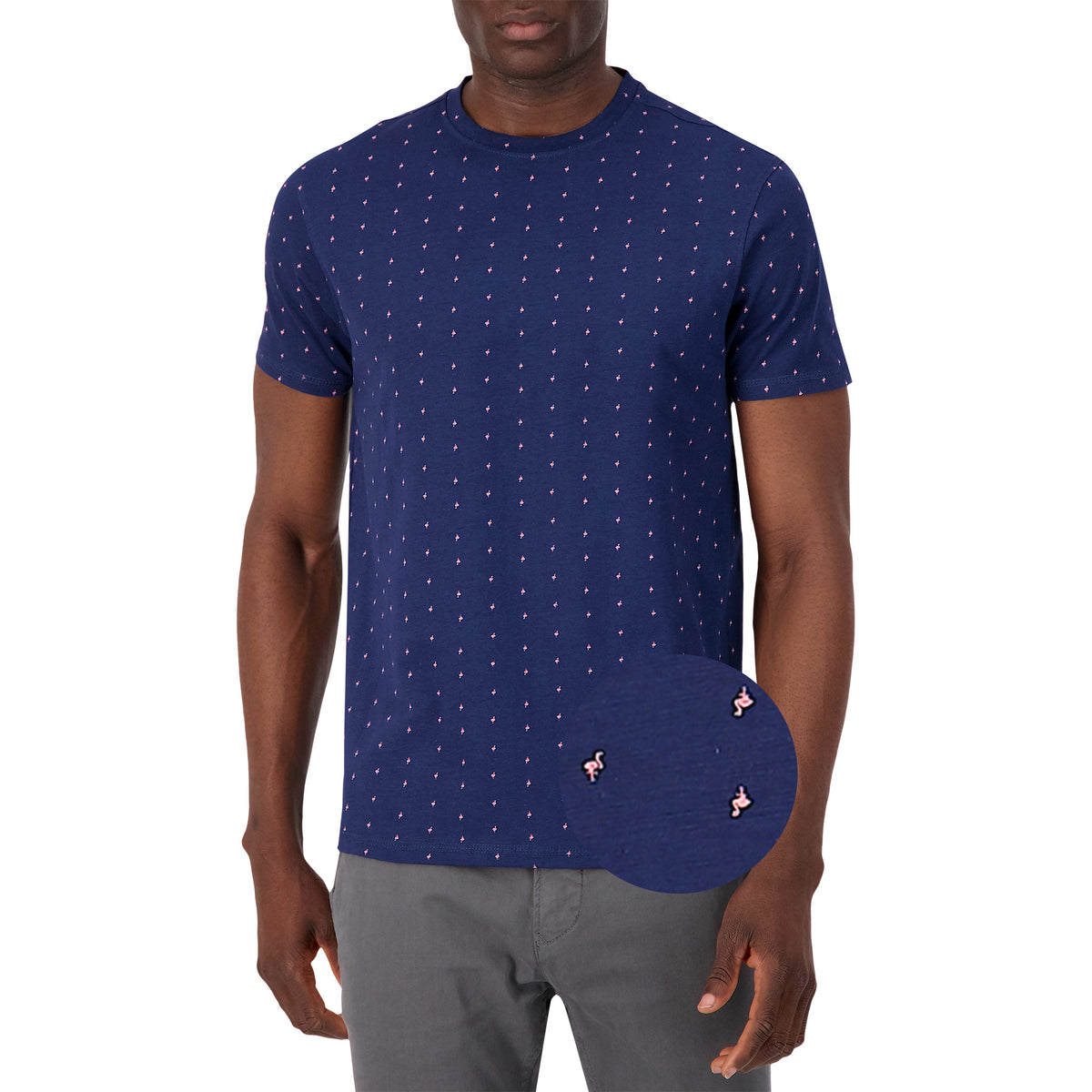 Model Front View of Short Sleeve Shirt with Flamingo Print in Navy with magnified view of material and print