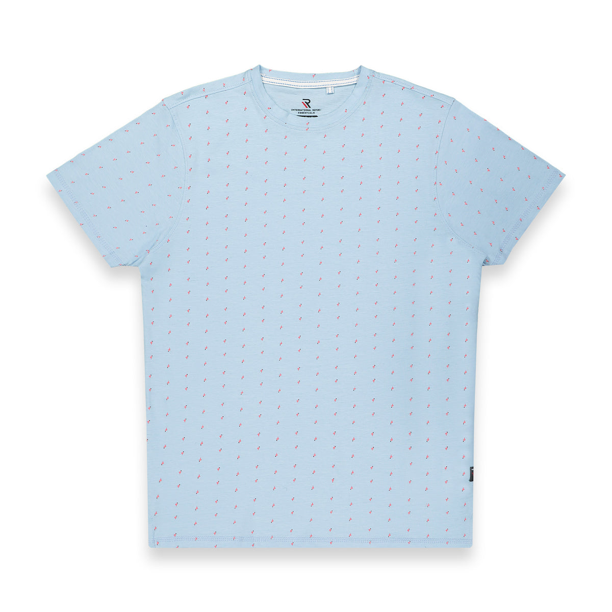 Front View of Short Sleeve Shirt with Flamingo Print in Blue