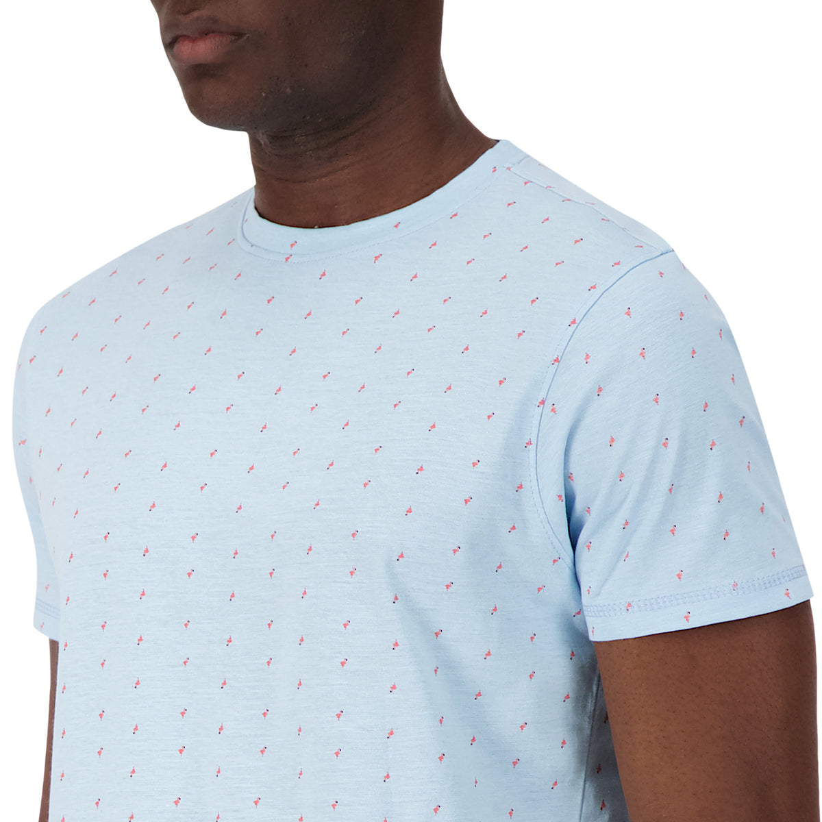 Model Front Close Up View of Short Sleeve Shirt with Flamingo Print in Blue