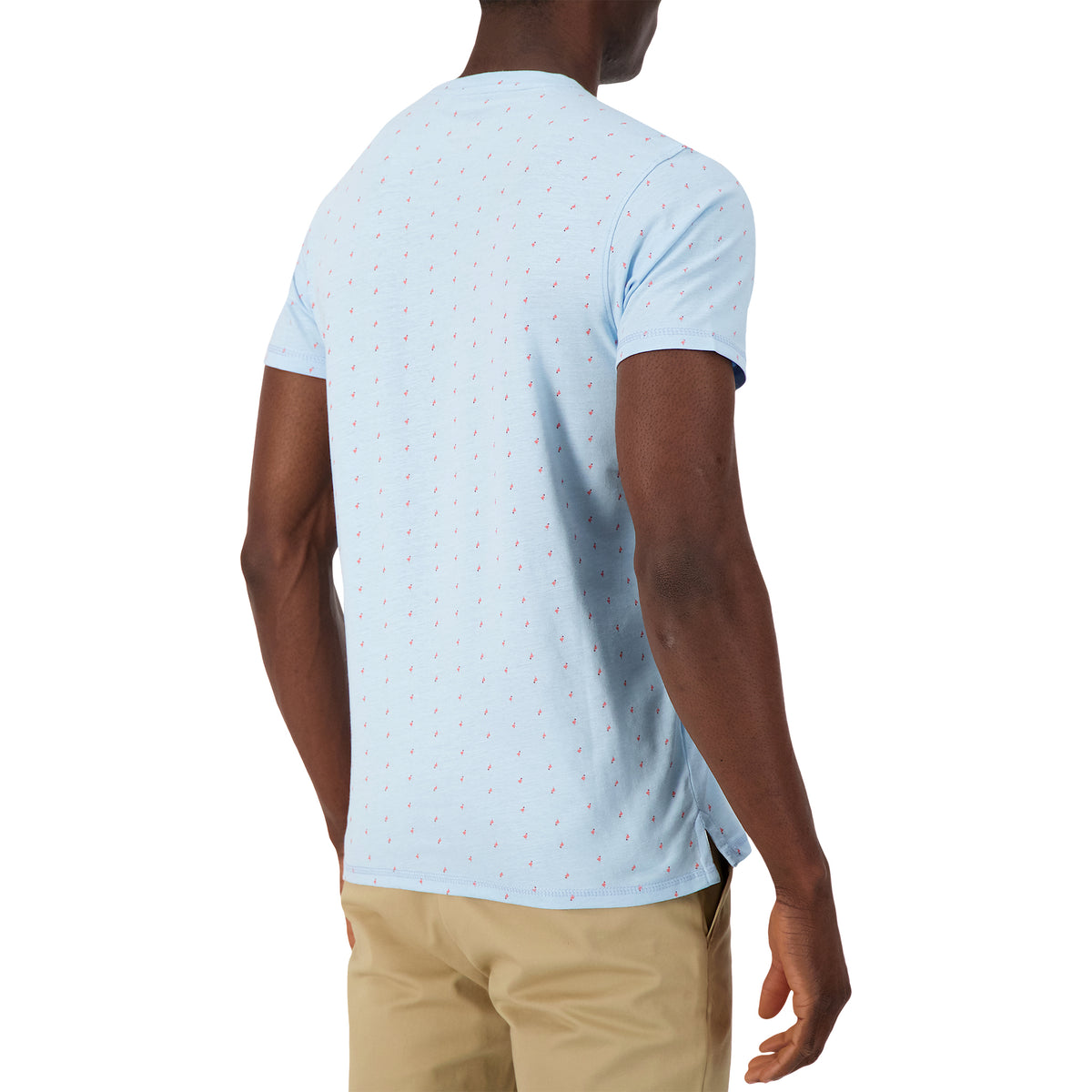 Model Back View of Short Sleeve Shirt with Flamingo Print in Blue