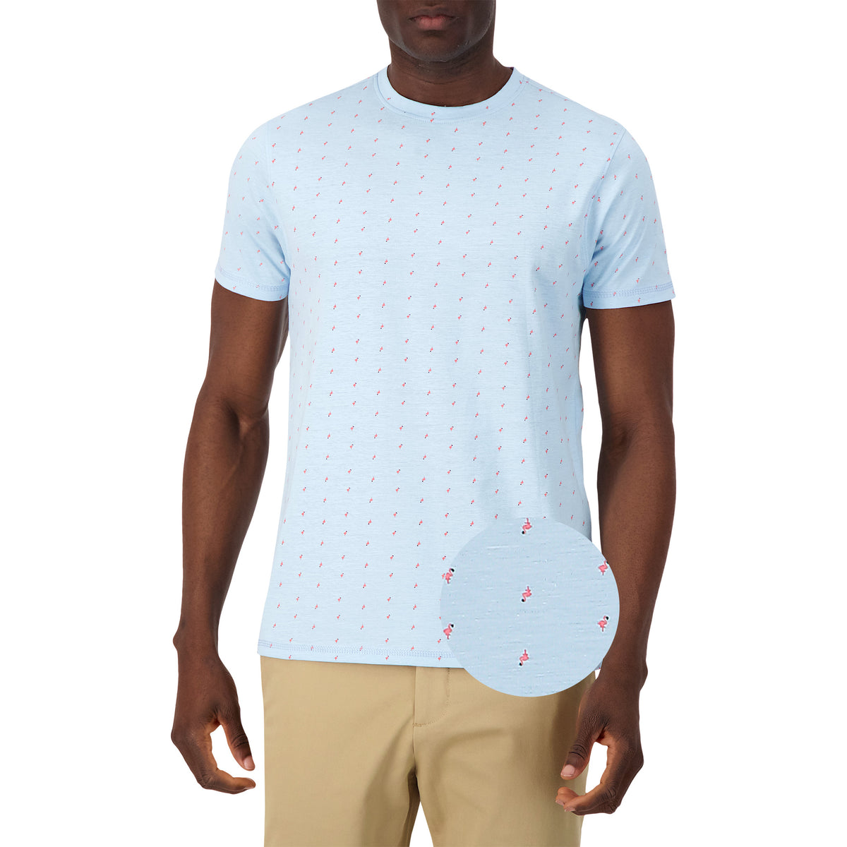 Model Front View of Short Sleeve Shirt with Flamingo Print in Blue with magnified view of material and print