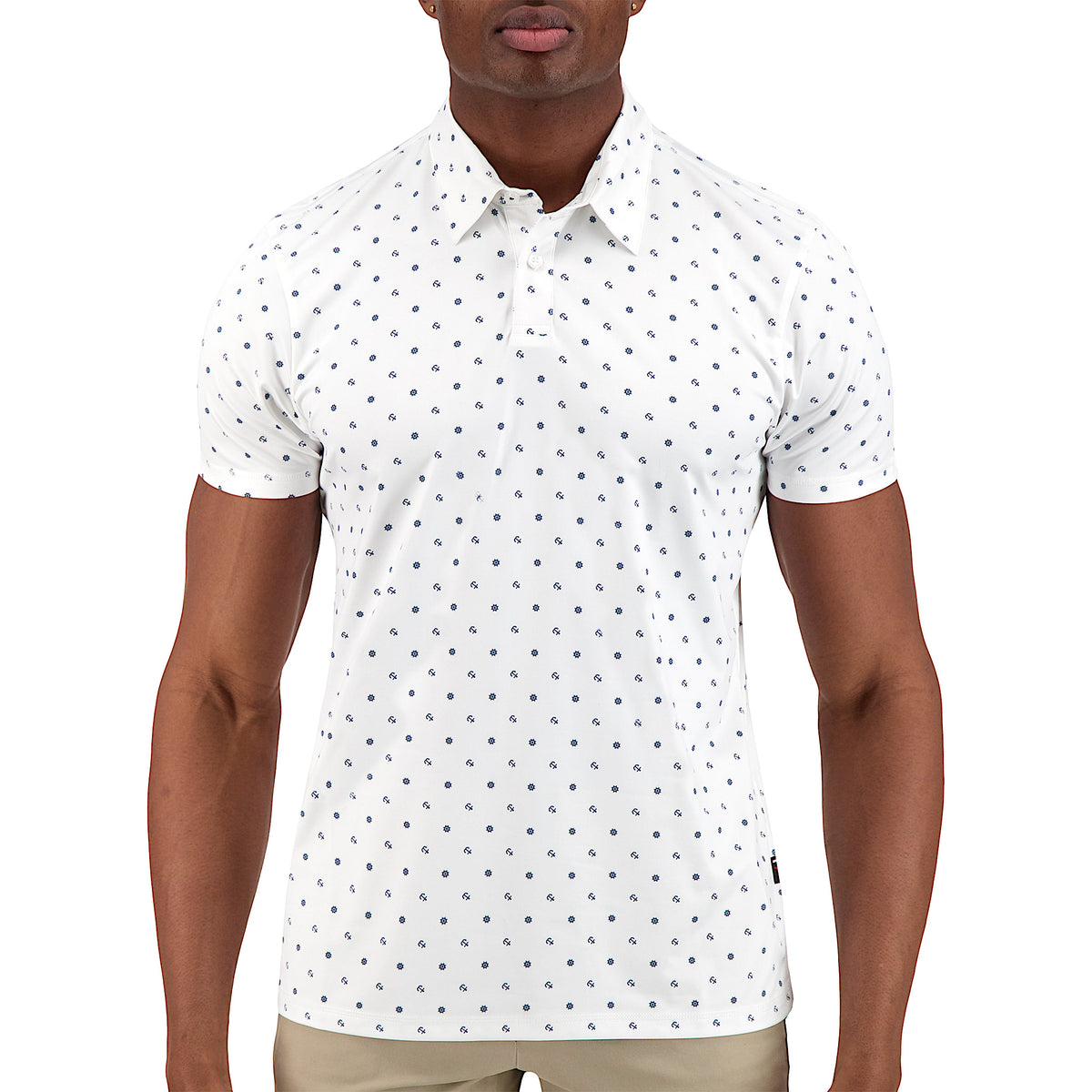 Model Front View of Short Sleeve Performance Stretch Polo with Nautical Print in White