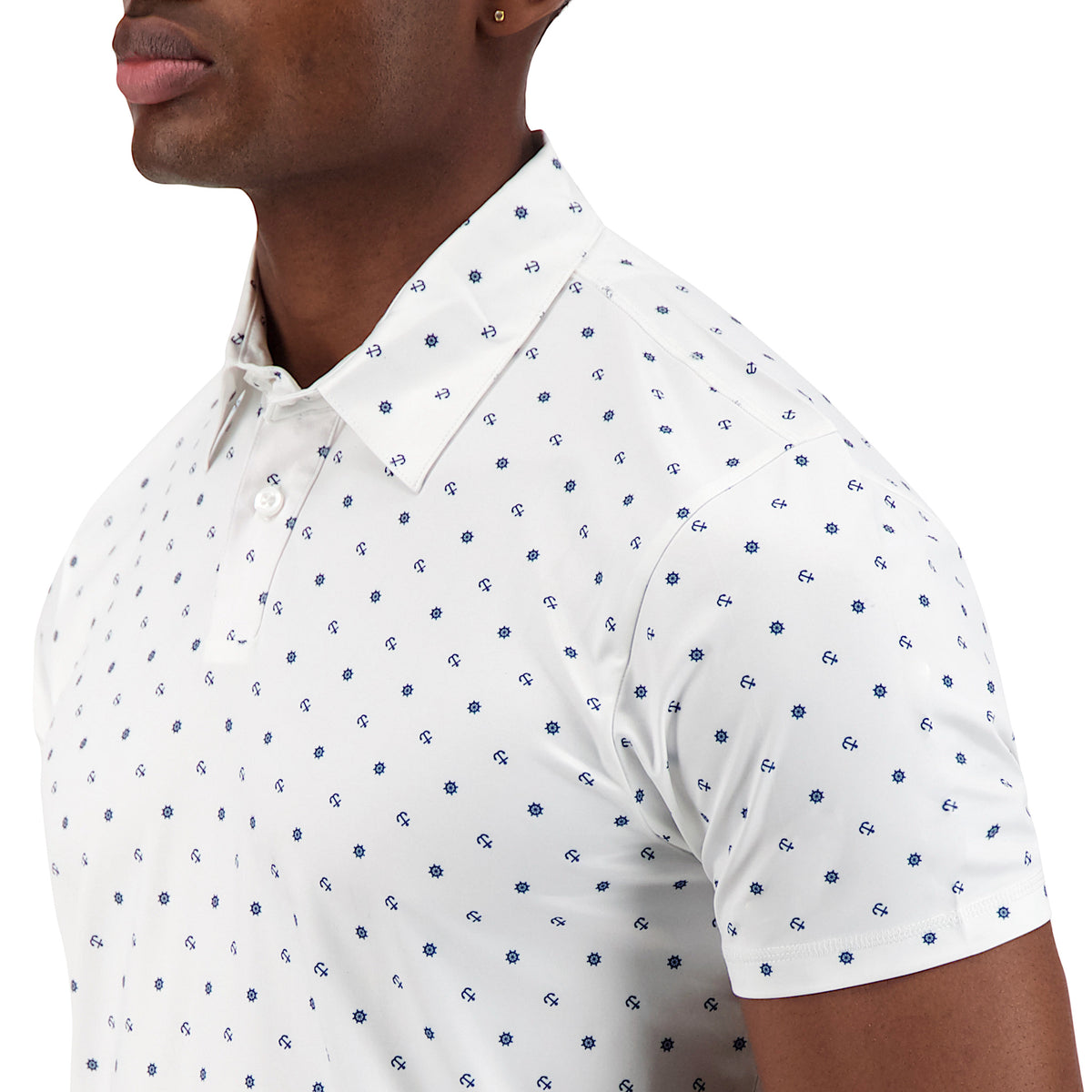 Model Front Up Close View of Short Sleeve Performance Stretch Polo with Nautical Print in White