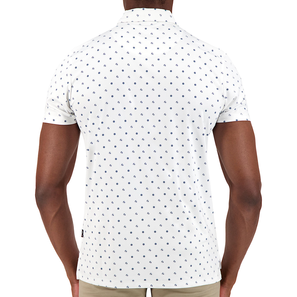 Model Back View of Short Sleeve Performance Stretch Polo with Nautical Print in White