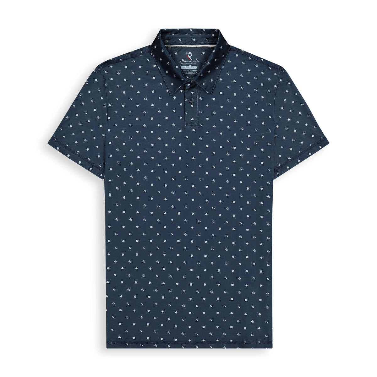 Front View of Short Sleeve Performance Stretch Polo with Nautical Print in Navy