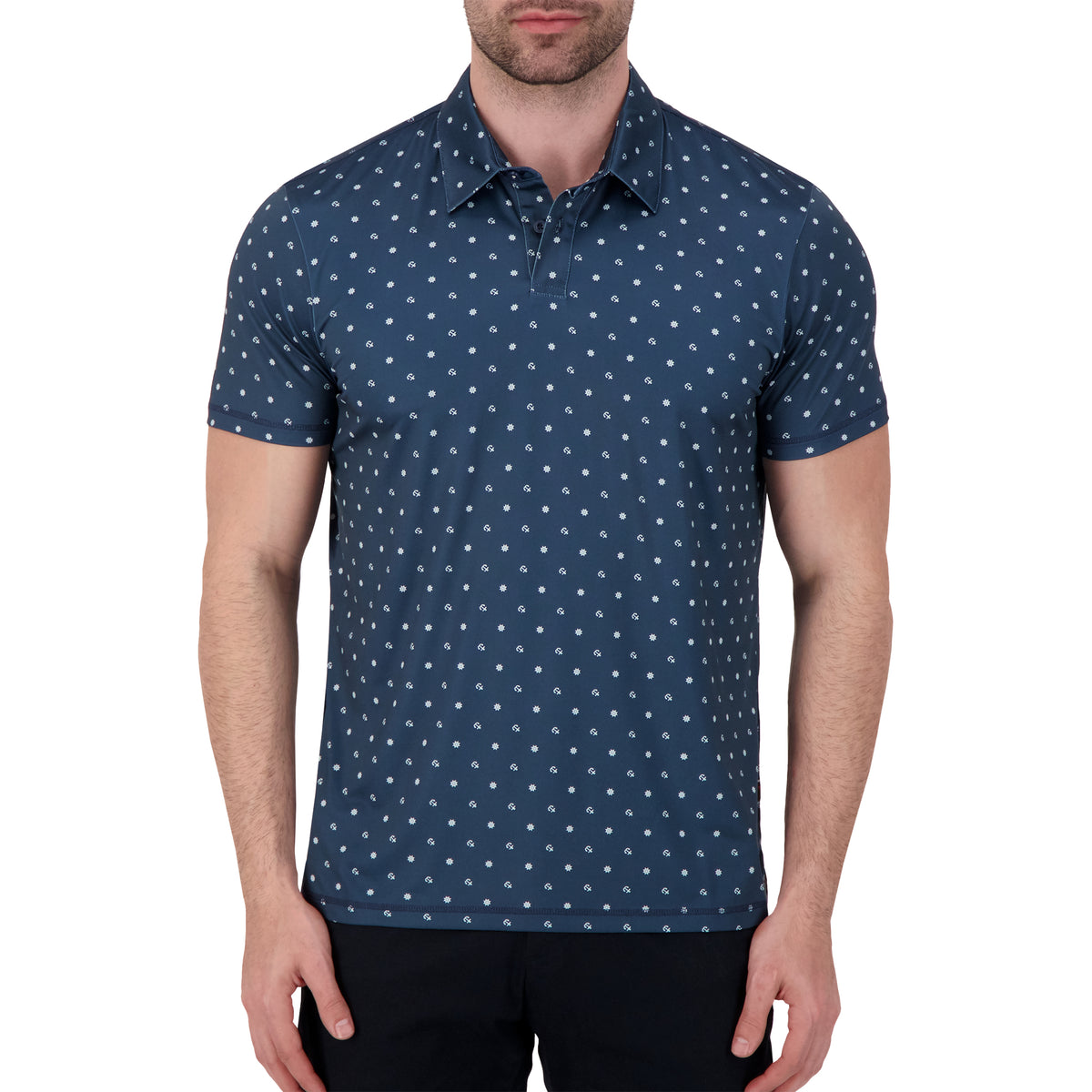 Model Front View of Short Sleeve Performance Stretch Polo with Nautical Print in Navy