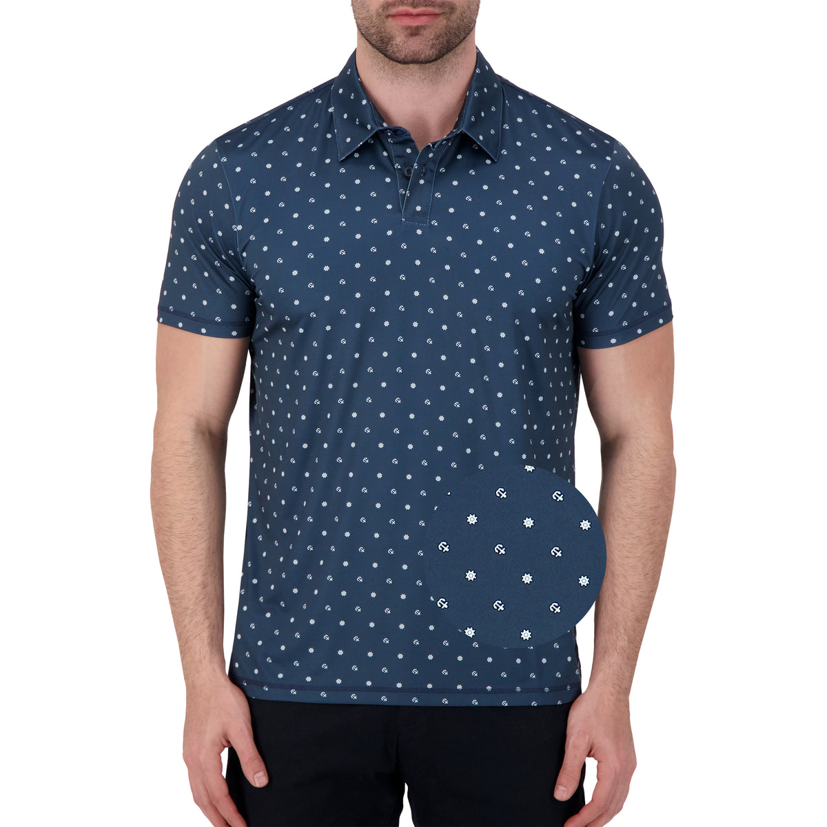 Model Front View of Short Sleeve Performance Stretch Polo with Nautical Print in Navy with magnified view of material and print