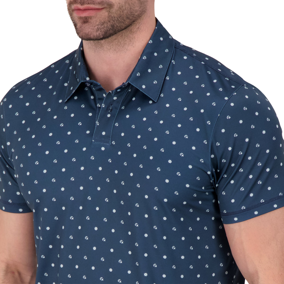 Model Side View of Short Sleeve Performance Stretch Polo with Nautical Print in Navy