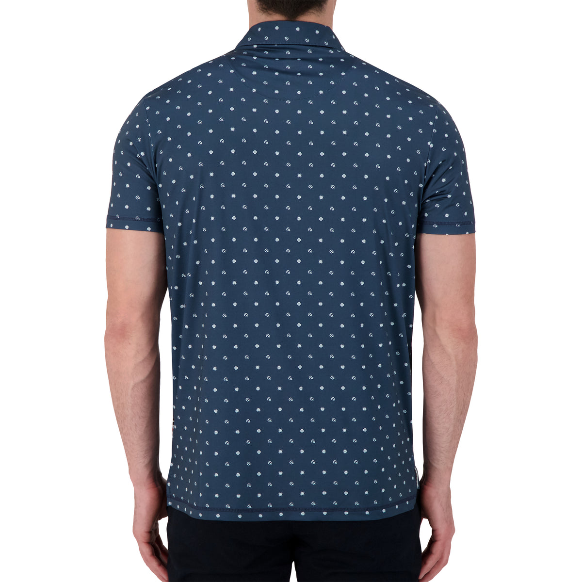 Model Back View of Short Sleeve Performance Stretch Polo with Nautical Print in Navy