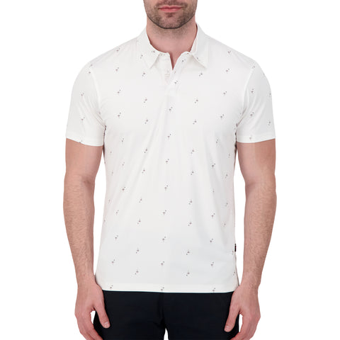 Model Front View of Short Sleeve Performance Stretch Polo with Flamingo Print in White