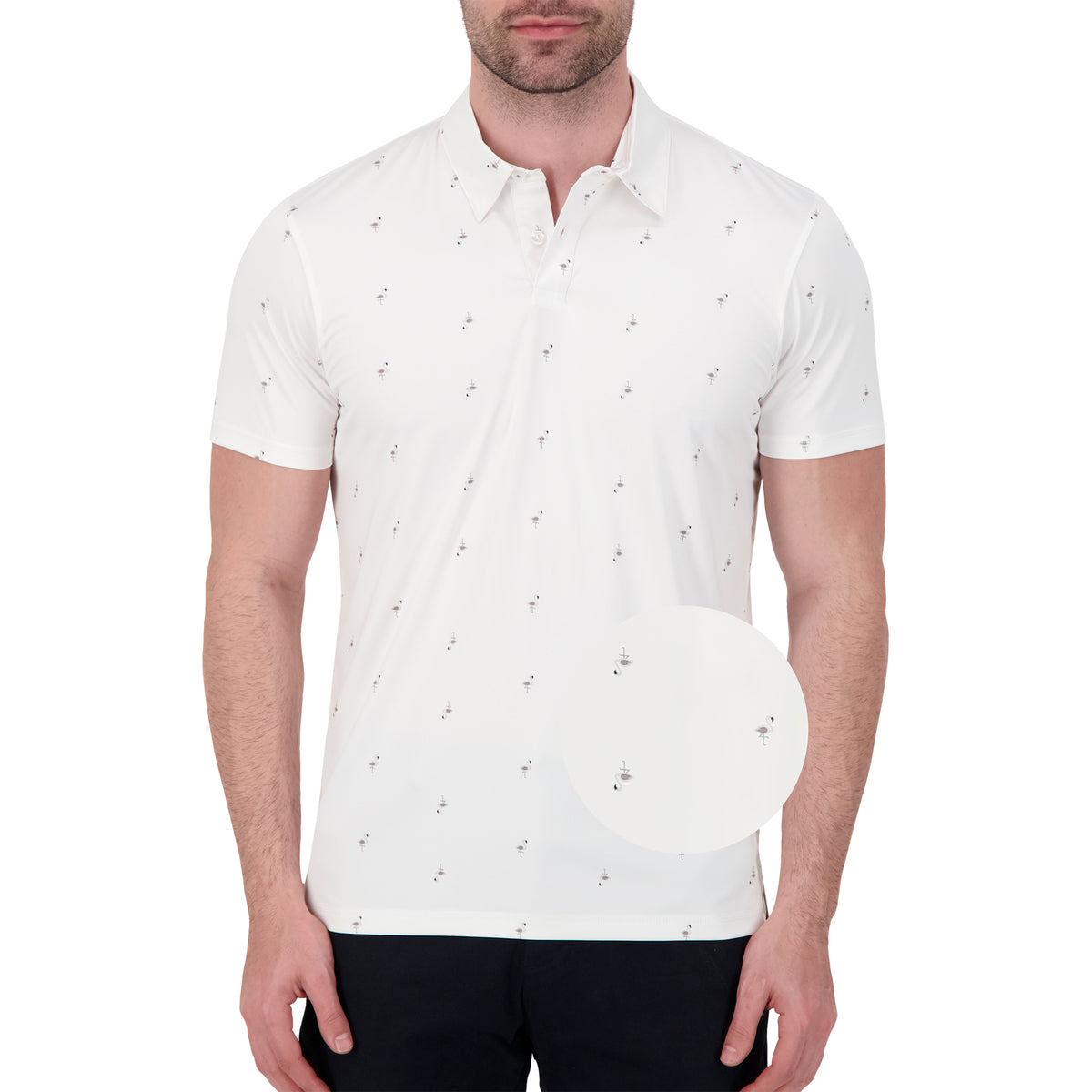 Model Front View of Short Sleeve Performance Stretch Polo with Flamingo Print in White with magnified view of material and print