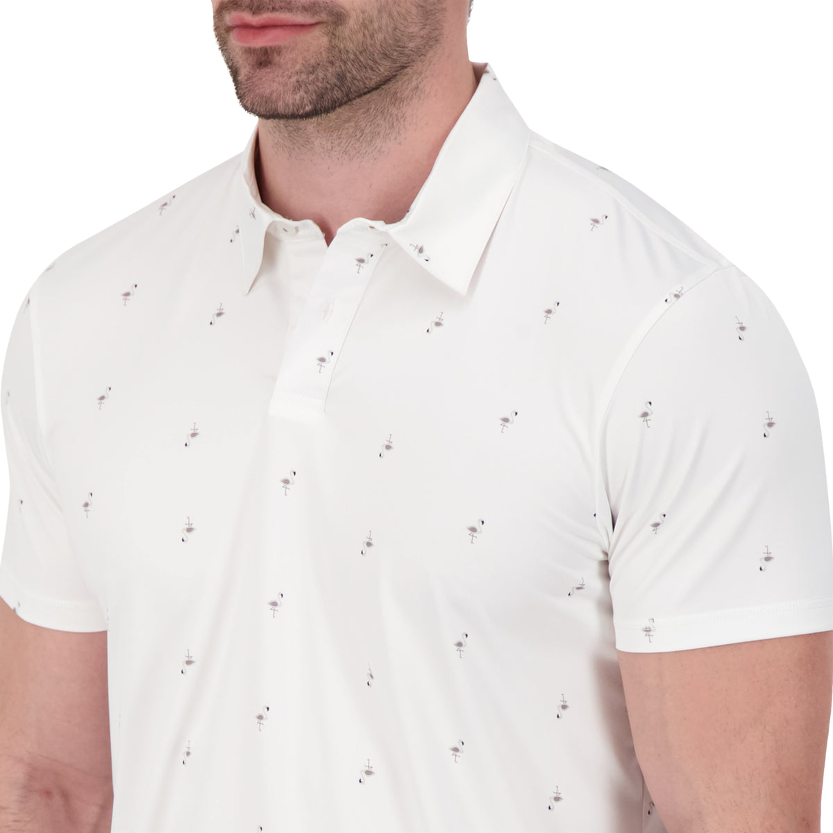 Model Front Close Up View of Short Sleeve Performance Stretch Polo with Flamingo Print in White
