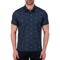 Model Front View of Short Sleeve Performance Stretch Polo with Flamingo Print in Navy