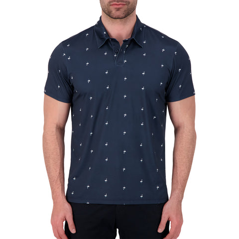 Model Front View of Short Sleeve Performance Stretch Polo with Flamingo Print in Navy
