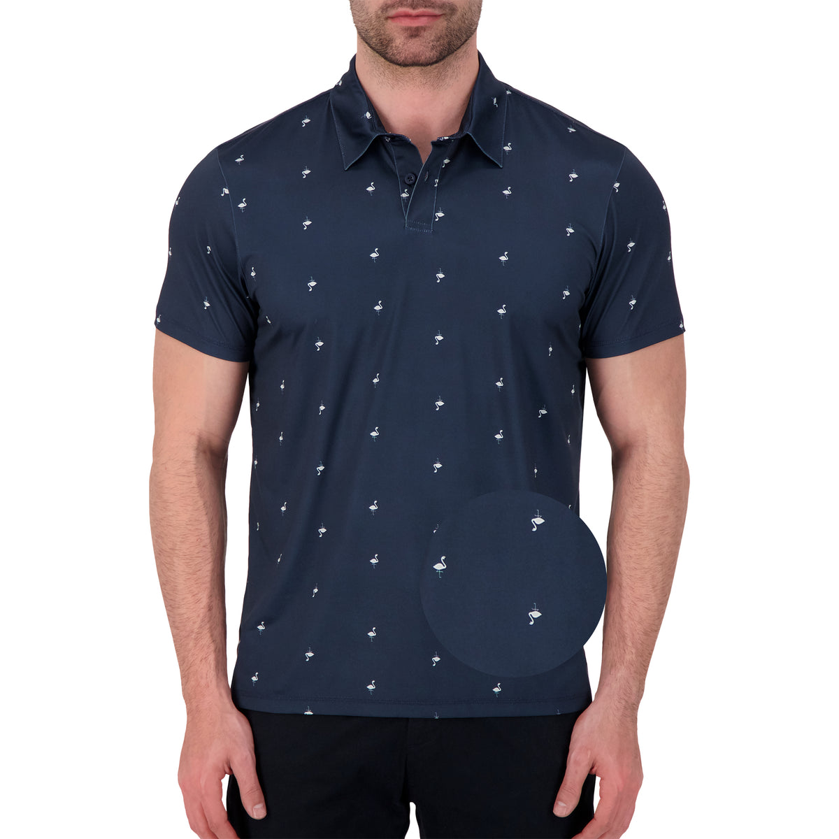Model Front View of Short Sleeve Performance Stretch Polo with Flamingo Print in Navy with magnified view of material and print