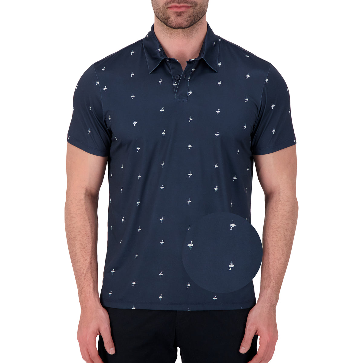 Model Front View of Short Sleeve Performance Stretch Polo with Flamingo Print in Navy with magnified view of material and print