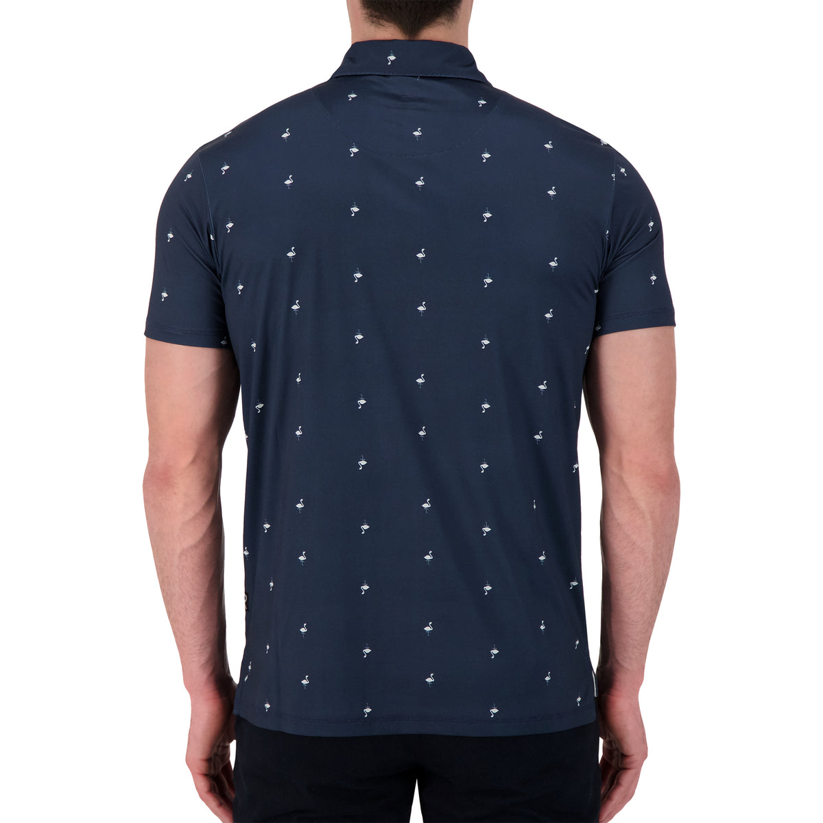 Model Back View of Short Sleeve Performance Stretch Polo with Flamingo Print in Navy