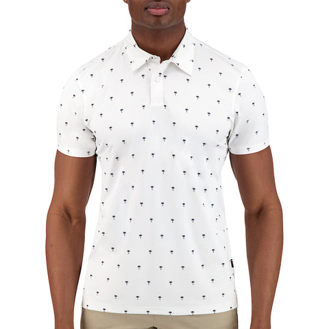 Model Front View of Short Sleeve Performance Stretch Polo with Palm Tree Print in White