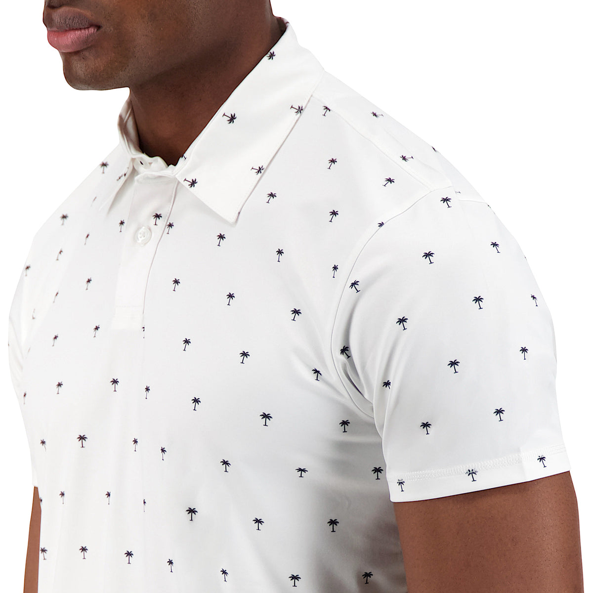 Model Side View of Short Sleeve Performance Stretch Polo with Palm Tree Print in White
