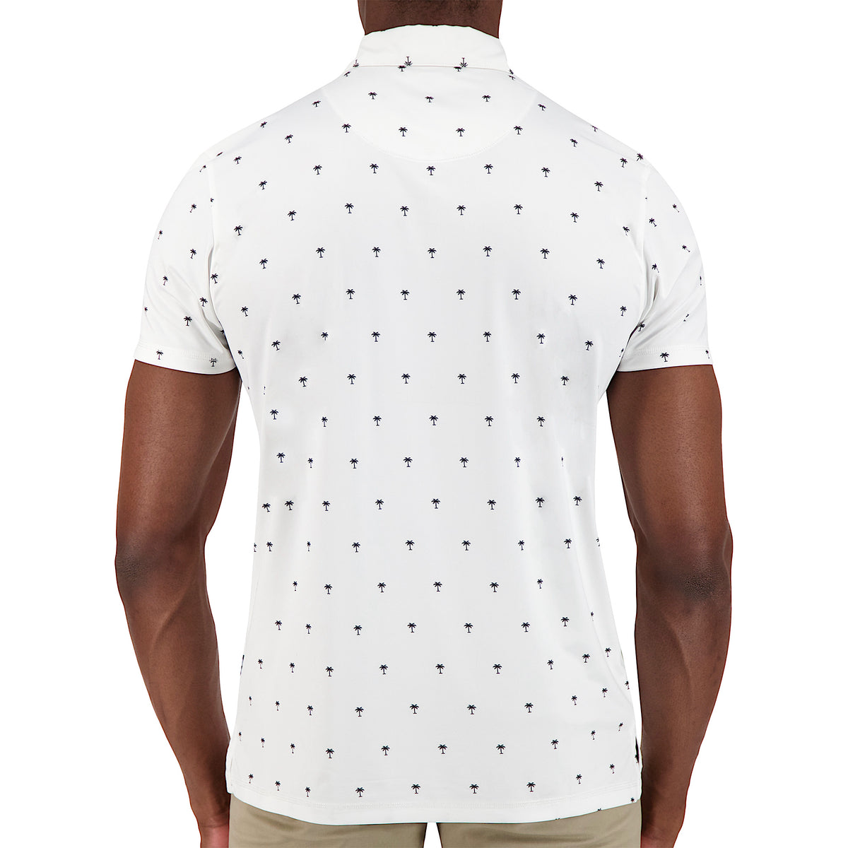 Model Back View of Short Sleeve Performance Stretch Polo with Palm Tree Print in White