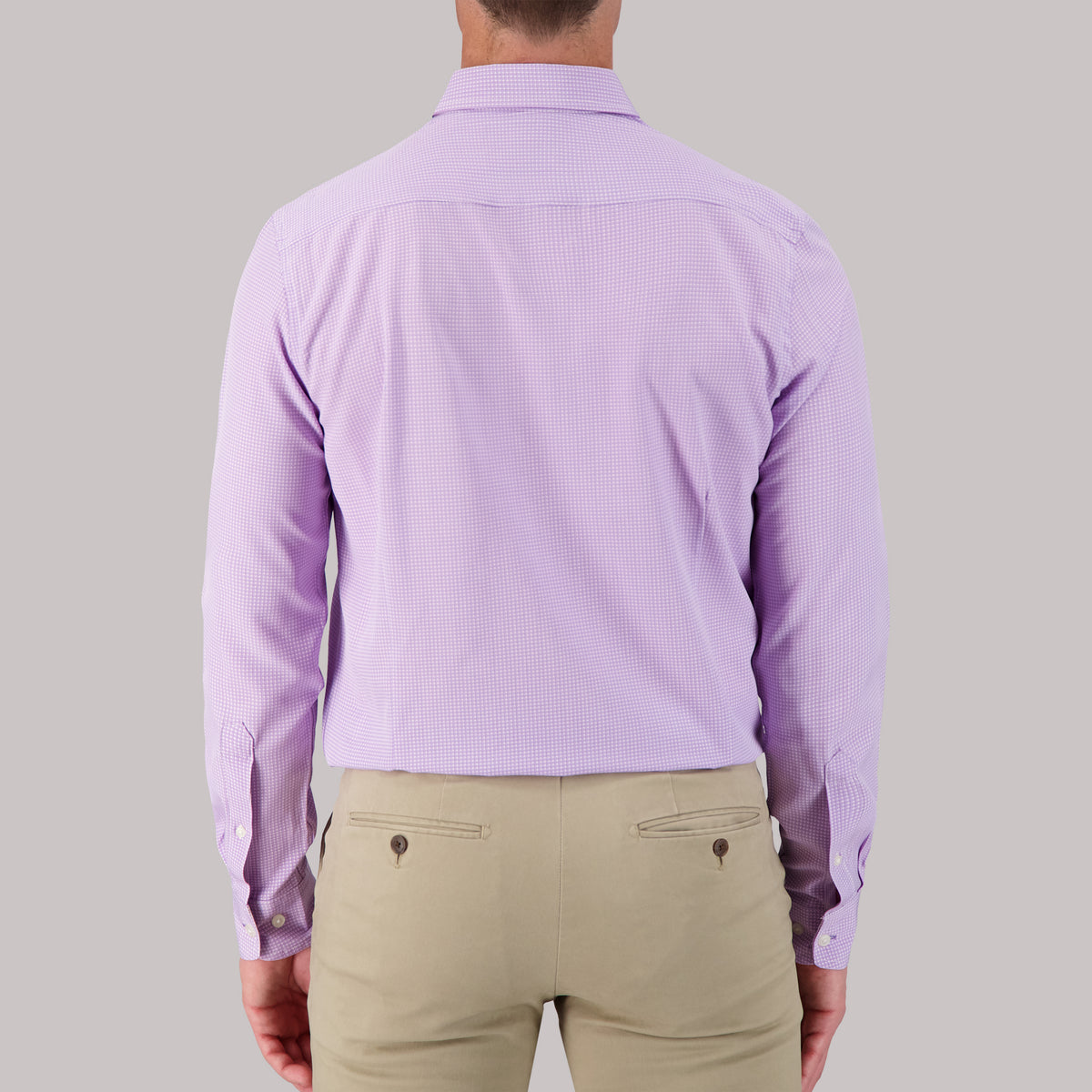 Model Back View of Long Sleeve 4-Way Dress Shirt with Check Print in Lavender