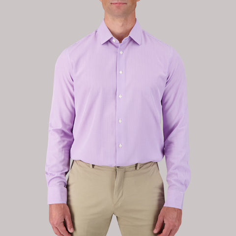 Model Front View of Long Sleeve 4-Way Dress Shirt with Check Print in Lavender