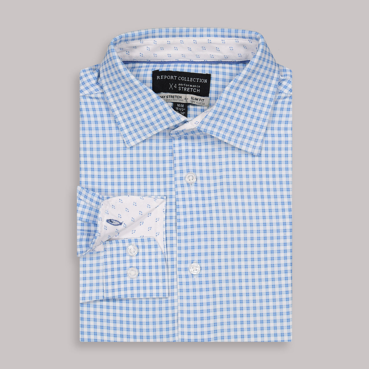 Folded View of Long Sleeve 4-Way Dress Shirt with Check Print in Blue